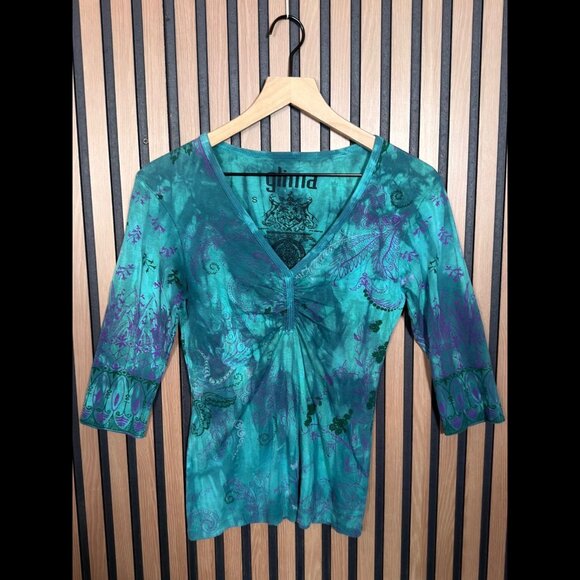 Glima Top Small Womens Green Boho y2k 3/4 Sleeve Abstract Tie Dye Shirt - Picture 1 of 5